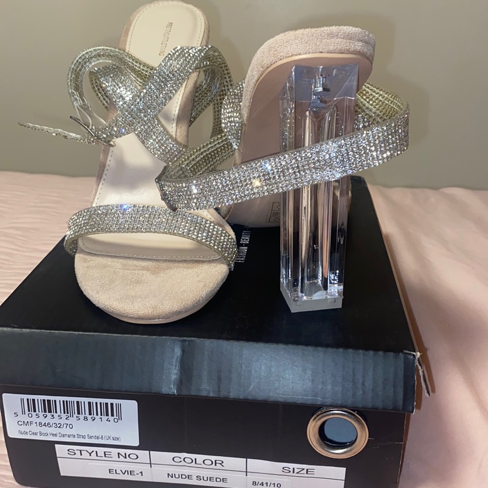 Pretty little thing nude clear block heel diamante strap sandal